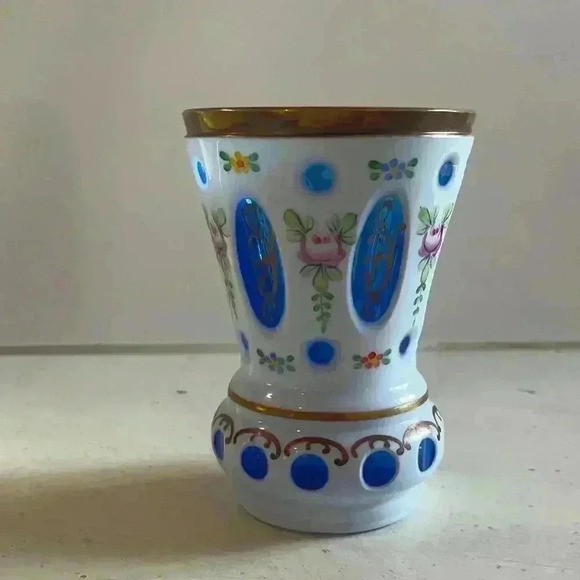 Bohemia Czech Table Vase white clear cut to blue glass design Pokal Goblet Vase - Picture 3 of 9